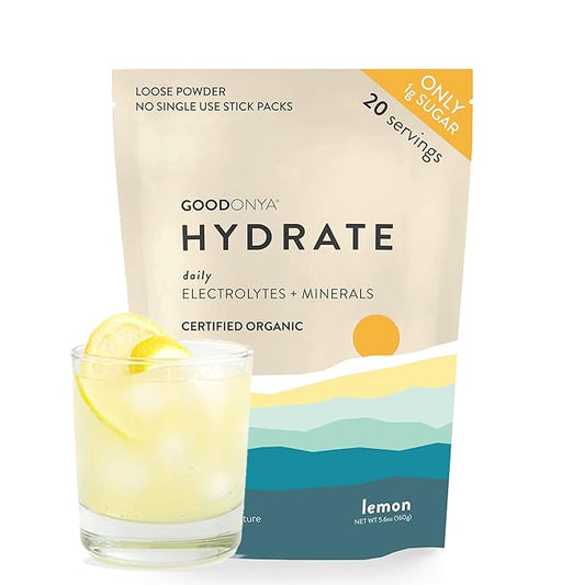 GOODONYA Organic Hydration Electrolyte Powder | Lemon, Coconut Water, Magnesium, Himalayan Pink Salt | Only 1g Sugar, No Artificial Flavors | USDA Organic & Plant-Based | 20 Servings