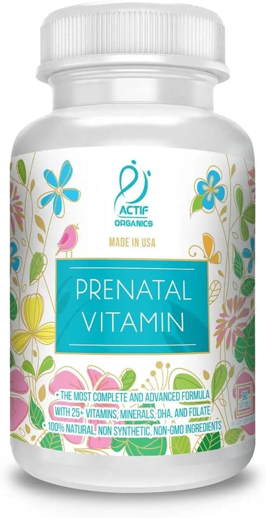 ACTIF Organic Prenatal Vitamin with 30+ Organic Vitamins, 100% Natural, DHA, EPA, Omega 3, and Organic Herbal Blend - Non-GMO, 90 Count, 2024 Formula
