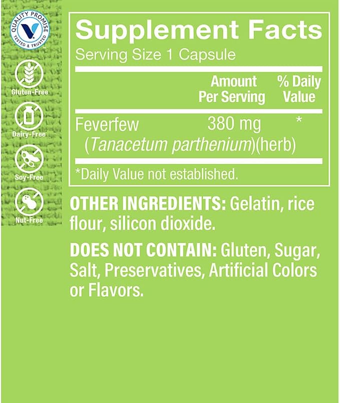 The Vitamin Shoppe Feverfew 380MG, A Traditional Herb, Once Daily (100 Capsules)