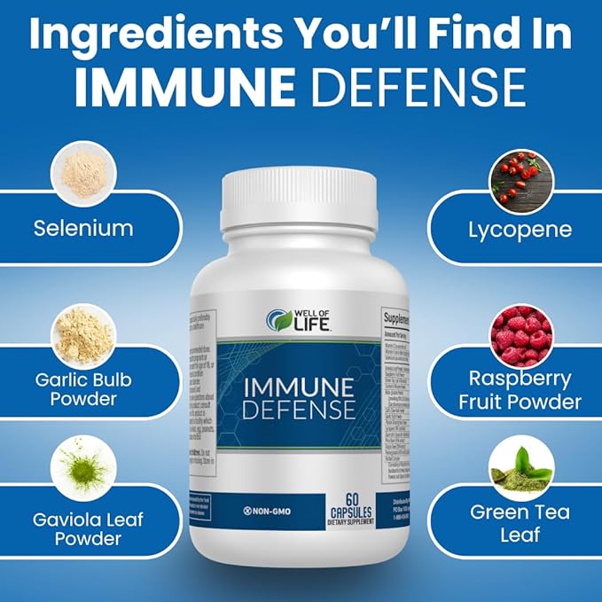 Immune Defense 600mg | 60 Veg Capsules. Enhance Immune Health with a Potent Blend of Graviola Leaf, Raspberry Fruit, Green Tea, Turmeric, Garlic. Boost Your Well-Being Naturally.