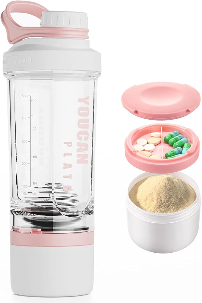 21oz Protein Shaker Bottle with Powder Storage Container-Shaker Cups for Protein Shakes-pre workout bottle-Mixer Cup-Gym Sport Water Bottle -Made with Tritan BPA Free,with Wire Whisk Balls,Pink