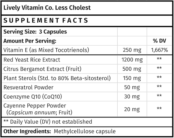 LIVELY VITAMIN CO. Less Cholest - Balanced Cholesterol & Circulatory Health - Statin Free - Red Yeast Rice - Bergamot - Resveratrol - CoQ10 - Gluten, Dairy, Soy-Free - 180 Vegan Capsules