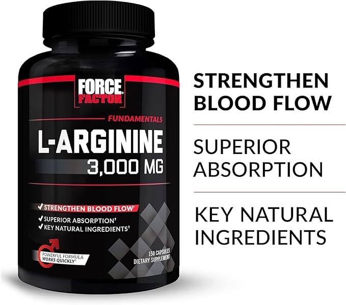 FORCE FACTOR L-Arginine Nitric Oxide Supplement with BioPerine to Help Build Muscle and Support Stronger Blood Flow, Circulation, Nutrient Delivery, and Pumps, L-Arginine 3000mg, 3g, 150 Capsules