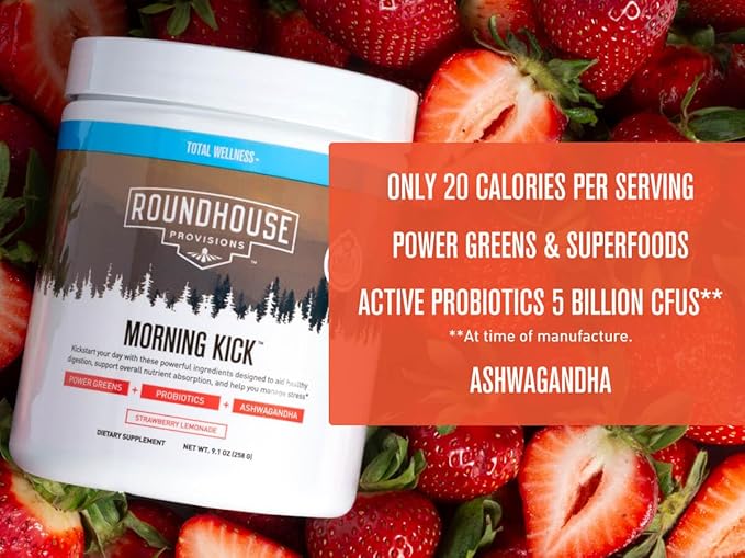 Morning Kick, Greens Superfood Powder Supplement with Ashwaganda, Collagen, Probiotics, Supports Energy Levels, 30 Servings (Strawberry Lemonade) by Chuck Norris