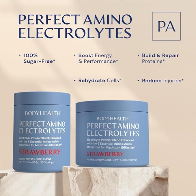 BodyHealth PerfectAmino Electrolytes Powder, Hydration Powder, Sugar Free Electrolyte Drink Mix, Keto Electrolytes Powder, Non GMO, Strawberry Flavor (30 Servings)