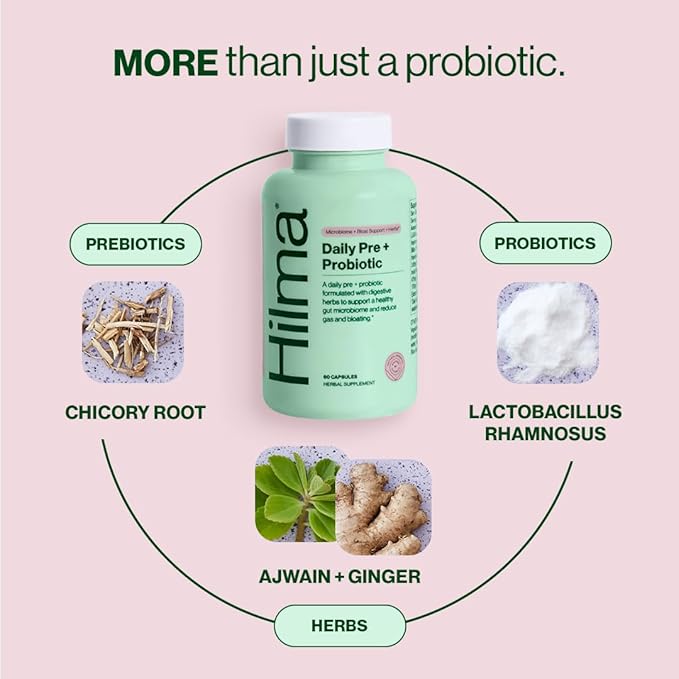 Hilma Daily Pre + Probiotic + Herbs – Support Gut Health with Prebiotics and Probiotics Plus Gas and Bloating Relief for Women & Men – 60 Vegan Capsules