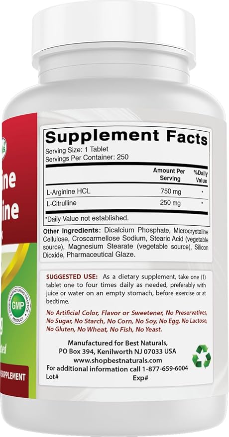 Best Naturals L-Arginine L-Citrulline Complex 1000 mg 250 Tablets (250 Count (Pack of 2))