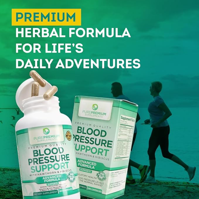 PurePremium Blood Pressure Support with Hawthorn Berry, Hibiscus - Nitric Oxide with Vitamin B6 - Garlic Supplements for Normal Nitric Oxide Supplement - 180 Caps