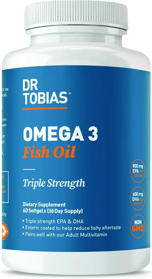 Dr. Tobias Omega 3 Fish Oil, 2000mg Triple Strength Omega 3 Supplement with 800mg EPA 600mg DHA Per Serving, Fish Oil Omega 3 Supplements for Heart, Brain & Immune Support, 60 Softgels, 30 Servings