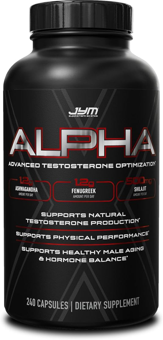 Alpha JYM X Advanced Hormone Optimization, Vitality, Optimization, DHEA, Ashwagandha, Boron, Shilajit, Fenugreek, Eurycoma, Damiana, Quercetin, DIM, JYM Supplemental Science, 240 Vegetarian Capsules