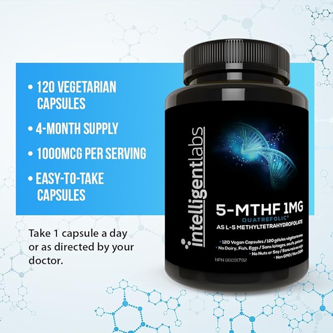 Intelligent Labs 1MG 5-MTHF Methylfolate, 120 Capsules, 4 Months Supply, Best Value Folic Acid Supplement as Quatrefolic Acid, Activated Folate, 1MG = 1000mcg, 5 methyltetrahydrofolate