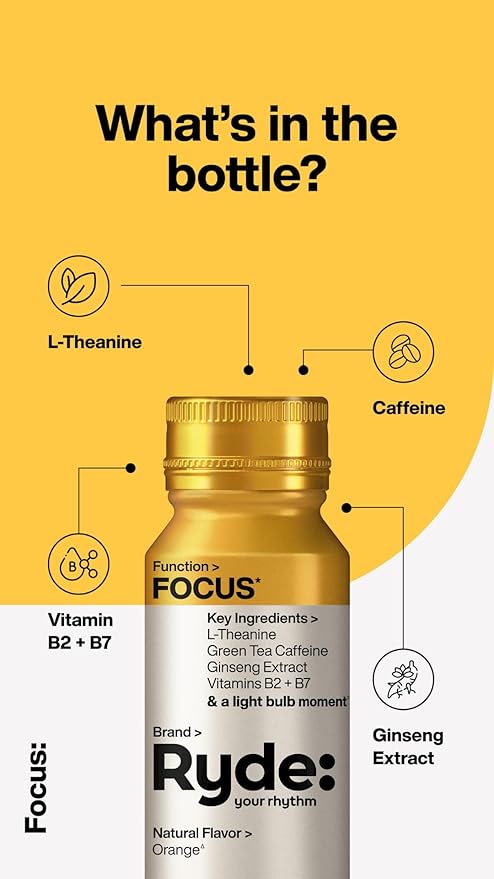 Ryde: Discovery Pack | Energize, Focus & Relax Shots | Green Tea Caffeine, Taurine, Ginseng, B Vitamins, L-Theanine, Lemon Balm, Chamomile | 0 Calories, 0 Sugar | Variety Pack – Try Them All (24 Pack)