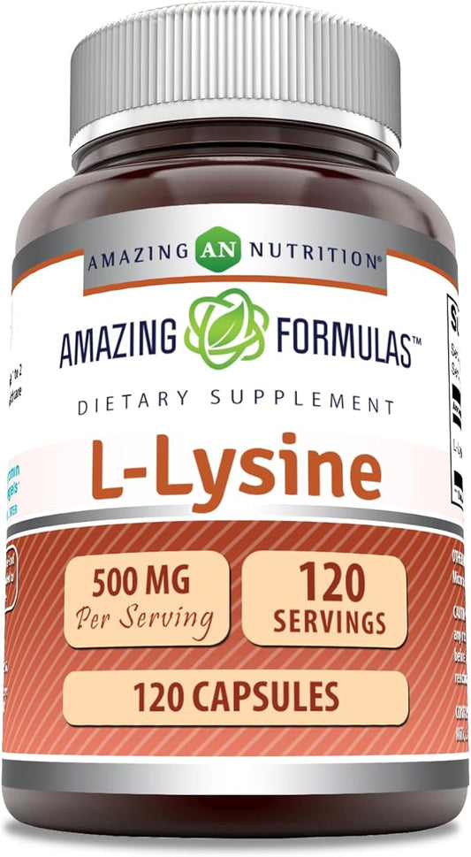 Amazing Formulas L-Lysine 500 mg Capsules Amino Acid Supplement | Non-GMO | Gluten Free | Made in USA (120 Count)