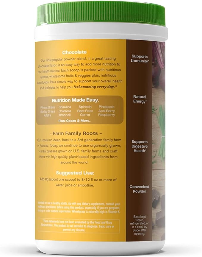 Amazing Grass Greens Superfood Powder: Greens Powder with Digestive Enzymes & Probiotics, Organic Spirulina, Chlorella, and Beet Root Powder, Chocolate, 60 Servings