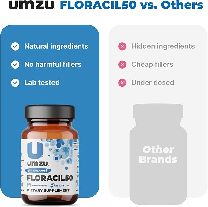 UMZU Floracil50 Prebiotics and Probiotics Supplement for Gut Health | 50 Billion CFU with 8 Strains of Bacteria to Support Digestion, Immunity & Energy (30 Day Supply | 30 Capsules)