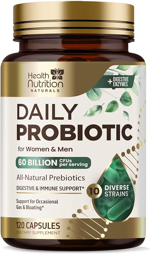 Daily Probiotic and Acidophilus Prebiotics Supplement 60 Billion CFU Capsule for Women & Men - 10 Strains Plus Digestive Enzymes - for Bloating Gas & Gut & Immune Health Support - 120 Capsules