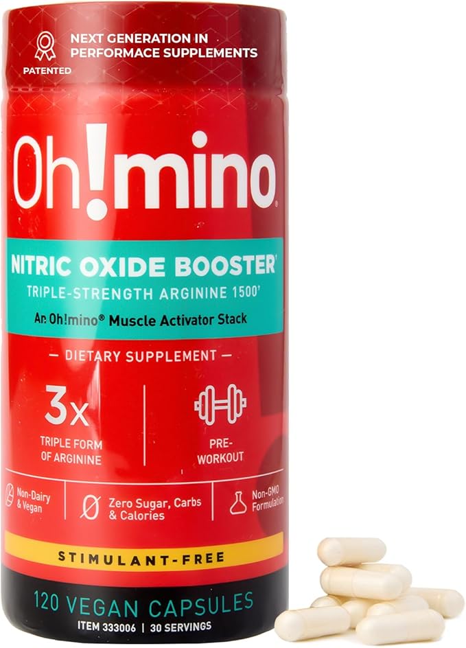 Oh!mino Nitric Oxide Supplement Activator Booster, Triple Strength L-Arginine for Energy, Endurance, Muscle Growth Builder, Pre Post Workout Pills - Natural Beet Root Powder, 30 Servings 120 Capsules