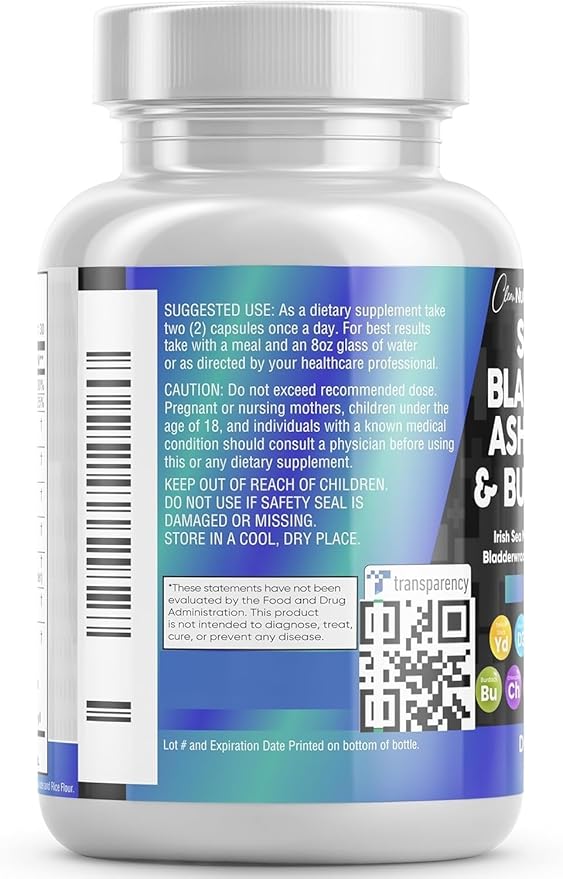 Clean Nutraceuticals Sea Moss Black Seed Oil Ashwagandha Turmeric Bladderwrack Burdock & Vitamin C Vitamin D3 with Elderberry Manuka Dandelion Yellow Dock Iodine Chlorophyll ACV