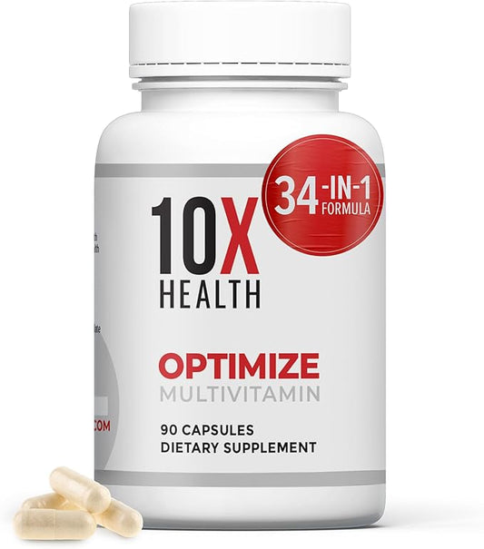 10X Health Optimize Methylated Multivitamin for Men & Women - 34 in 1 Formula with 800 mcg of Vitamin B12, Vitamin E, 5-MTHF, B Complex, NAC, Magnesium & Zinc Multivitamins - 90 Capsules