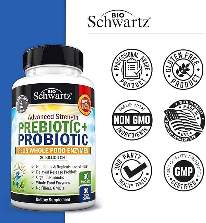Prebiotics and Probiotic with Whole Food Enzymes for Adults Women & Men - Probiotics Lactobacillus Acidophilus - Digestive Health Capsules Shelf Stable Supplement - Non-GMO Gluten & Dairy Free -30ct