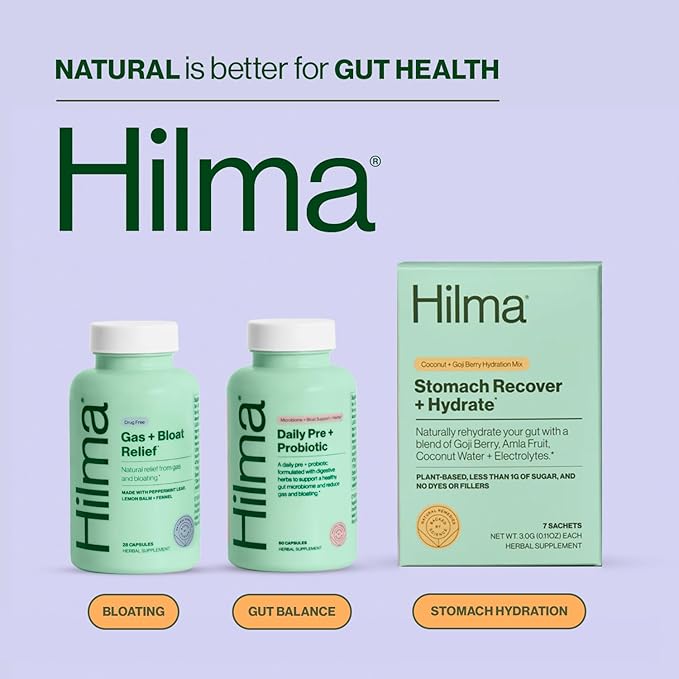 Hilma Daily Pre + Probiotic + Herbs – Support Gut Health with Prebiotics and Probiotics Plus Gas and Bloating Relief for Women & Men – 60 Vegan Capsules