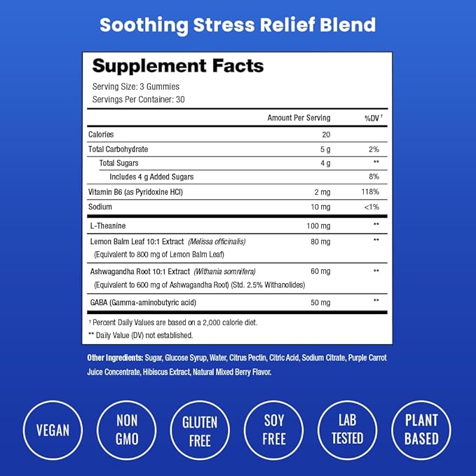 Calm Gummies | Stress Gummies Supplement with Ashwagandha, L-Theanine, GABA, Vitamin B6 & Lemon Balm | Supports Mood, Focus & Stress Relief | Vegan & Non-GMO | Natural Berry | 90 Gummies
