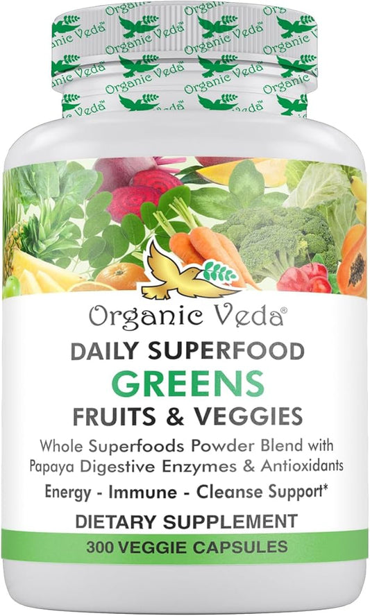Organic Veda Superfood Greens Fruits & Vegetables 300 Capsules | 30 Daily Organic Fruits & Veggies with Chlorophyll, Papaya Enzymes, Acerola Vitamin C, Turmeric, Beet, Moringa, Green Tea Extract