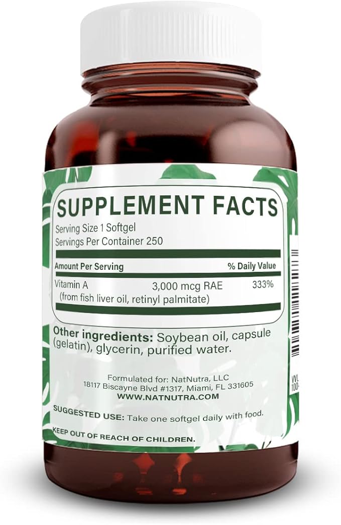 Natural Nutra Vitamin A 10,000 IU Softgels – High Potency Eye and Skin Vitamins – Gluten-Free Vitamin A Supplement for Sight & Skin Health – Fish Liver Oil for Men and Women, 250 Softgels (2 Pack)