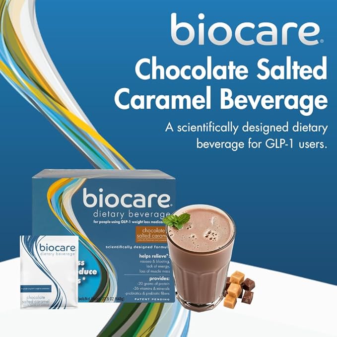 Nutritional Beverage for GLP-1 Users, Dietary Powder Drink Provides 20g Essential Protein, 26 Vitamins/Minerals, Helps Ease Nausea, Bloating, Constipation, Chocolate Salted Caramel (14 Count)