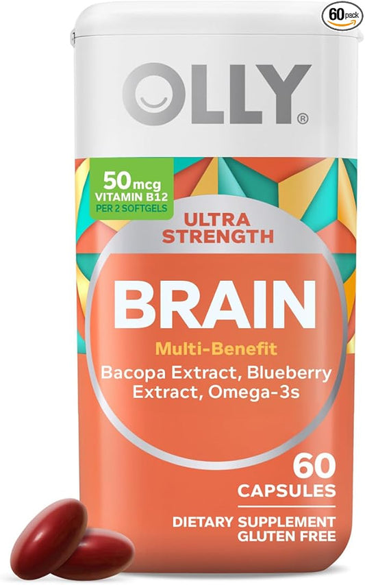 OLLY Ultra Strength Brain Softgels, Nootropic, Supports Healthy Brain Function, Memory, Focus and Concentration, Omega-3s, Vitamins B6 and B12, 30 Day Supply - 60 Count