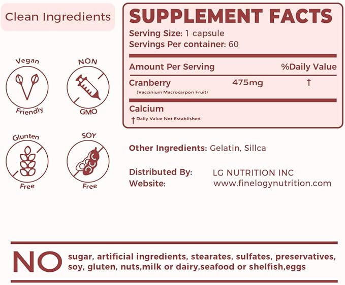 Cranberry Pills 475mg | 60 Vegan Capsules for Urinary Tract Health & Bladder Support, Concentrated Cranberry Powder, Non-GMO, Sugar-Free Cranberry Supplement, 2-Month Supply