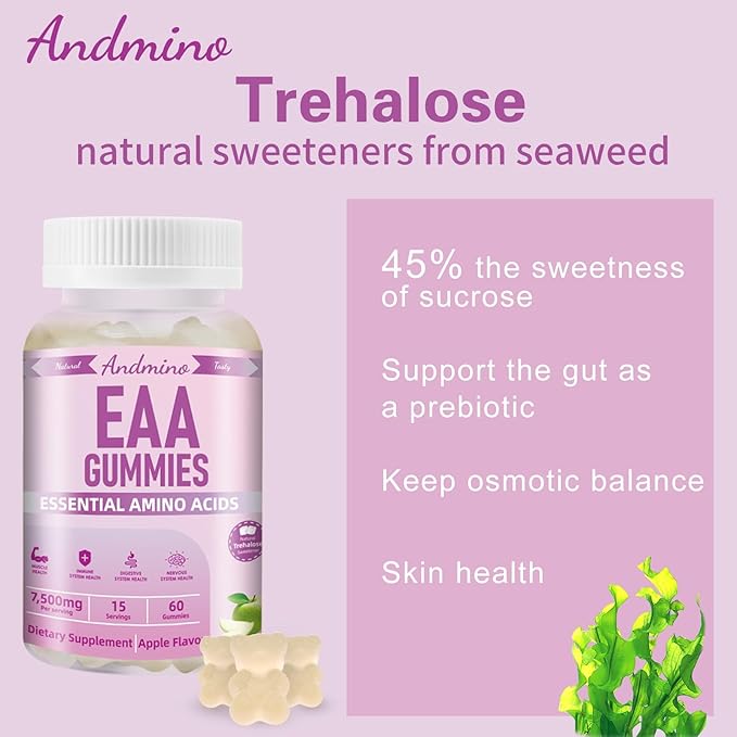 EAA Gummies 7500 mg, BCAA Gummies with Trehalose, Amino Acids Supplement for Muscle, Immune, Nervous & Digestive Health, for Adults & Kids, Non-GMO, Vegan, Gluten Free, Apple Flavor, 120