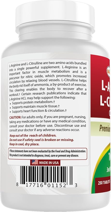 Best Naturals L-Arginine L-Citrulline Complex 1000 mg 250 Tablets (250 Count (Pack of 3))