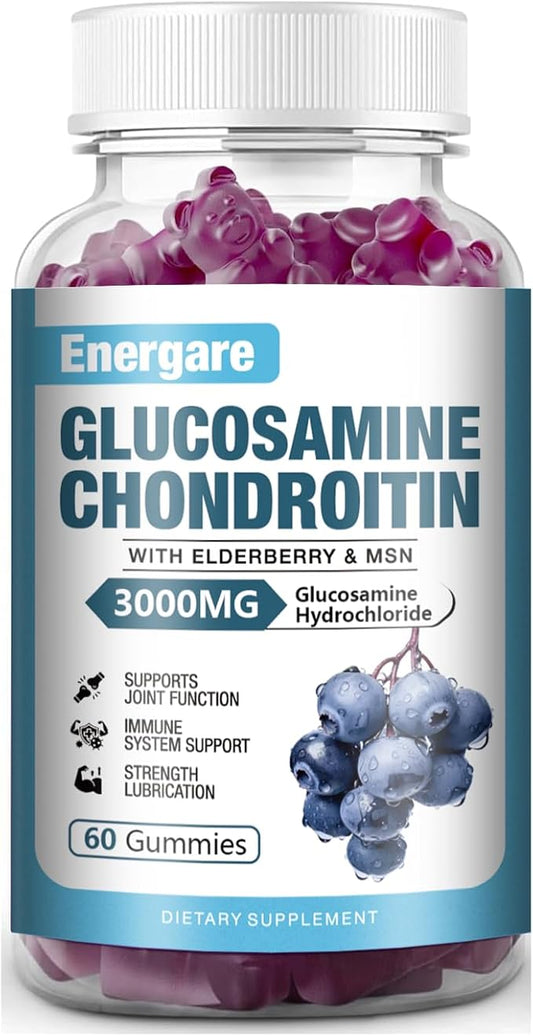 1 Pack 3000mg Glucosamine Chondroitin with MSM Gummies & Elderberry, Extra Strength Joint Support Health, Flexibility, Antioxidant, Immune Supplement Gummy for Adults, Men & Women 60 Counts