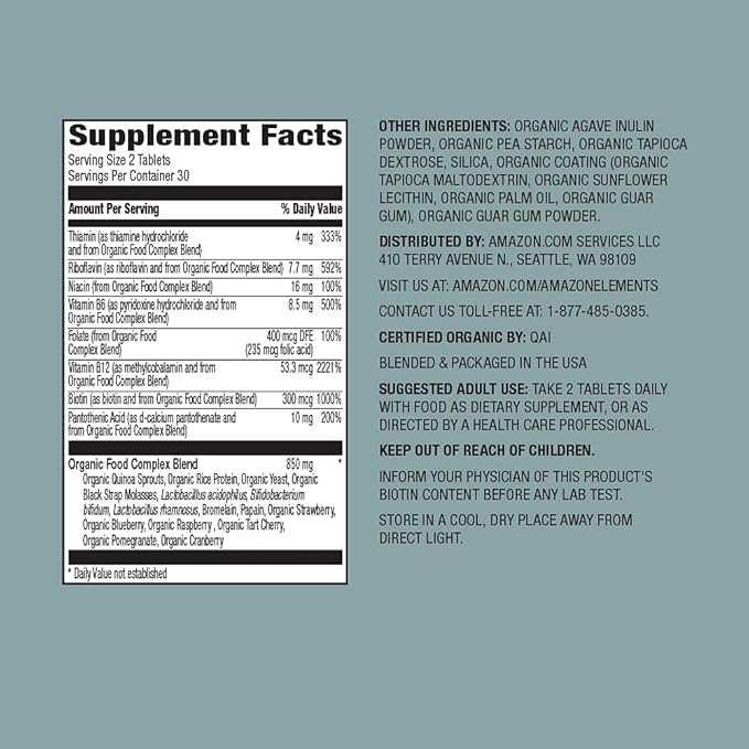 Amazon Elements Organic Whole Food B Complex, 60 Tablets (Pack of 2)