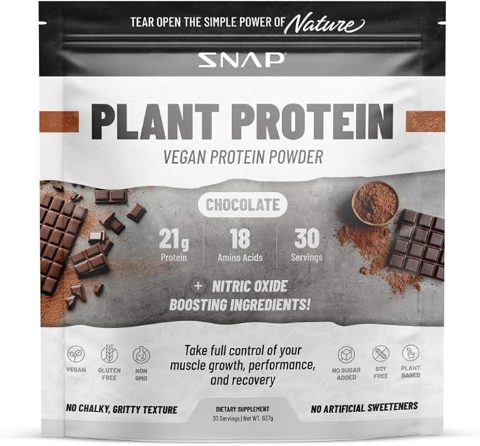 Snap Supplements Organic Plant Based Vegan Protein Powder Nitric Oxide Boosting Protein Powder, BCAA Amino Acid for Muscle Growth, Performance & Recovery - 30 Servings (Chocolate)
