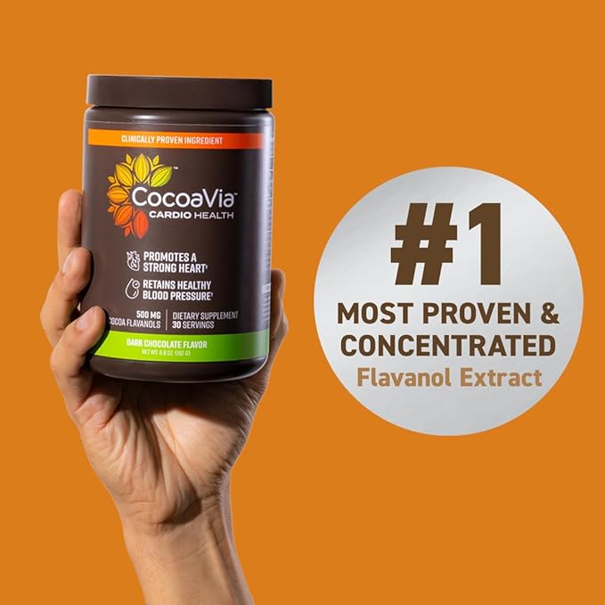 CocoaVia Cardio Health Cocoa Powder, 60 Servings, 500mg Cocoa Flavanols, Support Heart Health, Boost Nitric Oxide, Improve Circulation, Energy, Preworkout, Vegan, Dark Chocolate Cacao