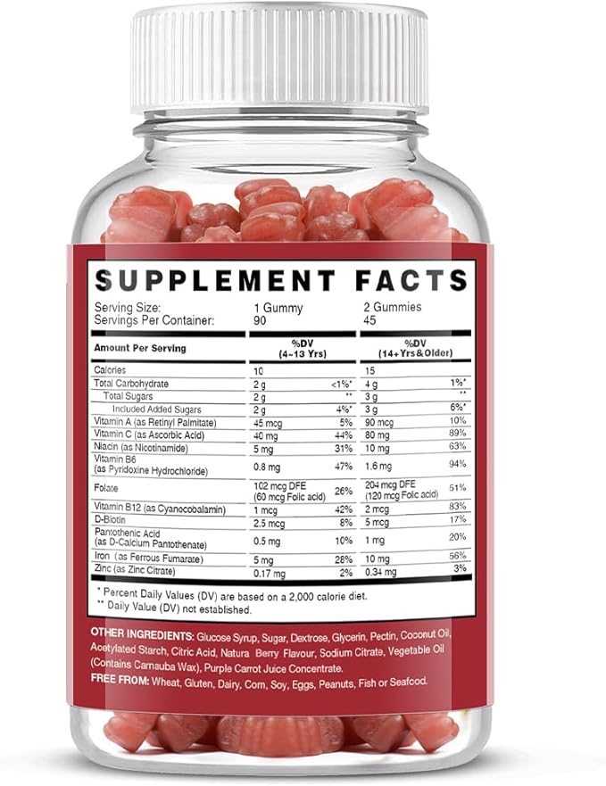 Iron Gummies Supplements for Women & Kids - Multivitamin with Iron for Blood Oxygen, Great Tasting Iron Gummy Vitamins with Vitamin C for Max Absorption - Vegan Iron Chewable (180 Count, Strawberry)