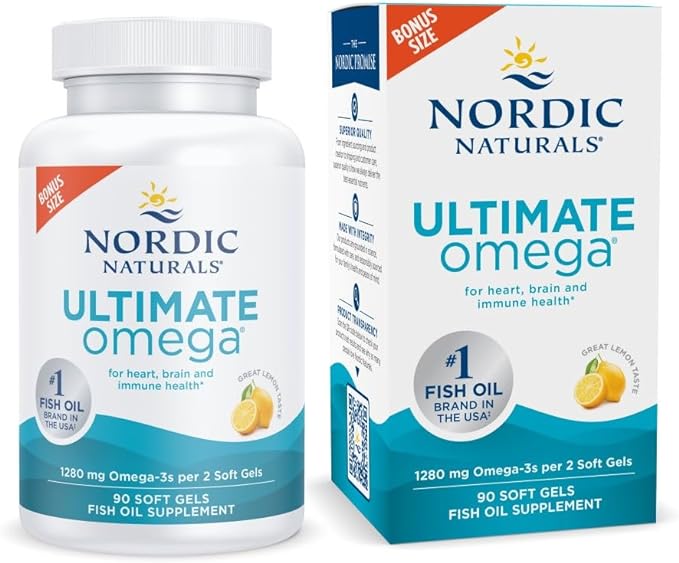 Nordic Naturals Ultimate Omega, Lemon Flavor - 90 Soft Gels - 1280 mg Omega-3 - High-Potency Omega-3 Fish Oil Supplement with EPA & DHA - Promotes Brain & Heart Health - Non-GMO - 45 Servings