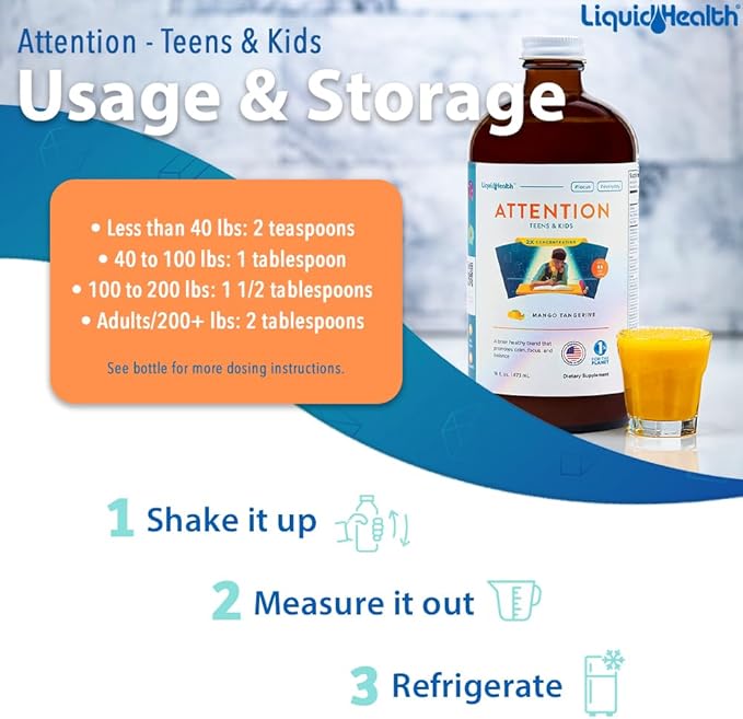 LIQUIDHEALTH Attention, Liquid Multivitamin for Kids & Teens - Improves Memory Retention, Concentration, Focus, Mood, Relaxation & Calming - Great Taste, Vegan, Sugar-Free (2 Pack)