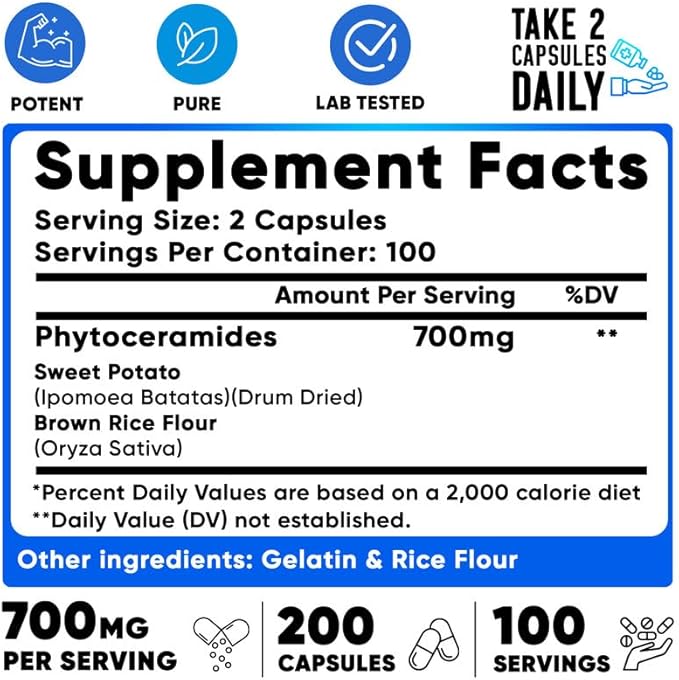 We Like Vitamins Phytoceramides 700mg - 200 Capsules All Natural Wheat Free and Plant Based - Phytoceramide Supplement - 700 mg per Serving - Skin Hydration, Repair, Rejuvination