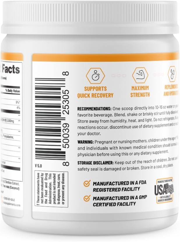 Snap Supplements Plant-Based BCAA Powder with Nitric Oxide Booster, No Artificial Flavors, Support Muscle Strength and Recovery, 30 Servings