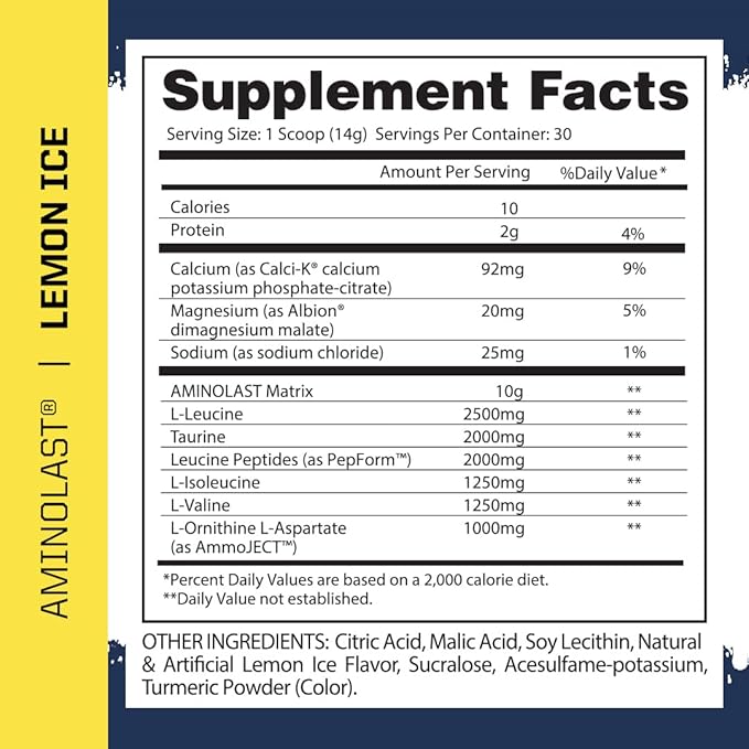 Gaspari Nutrition Aminolast, Recovery and Endurance BCAA Superfuel, 2:1:1 Amino Acid Ratio, Fueled with Electrolytes (30 Servings, Lemon Ice)