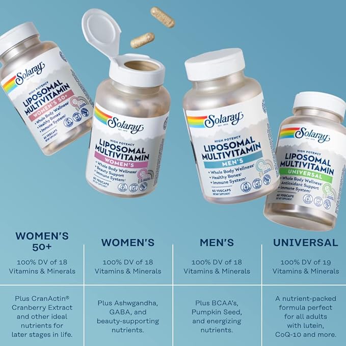 SOLARAY Liposomal Multivitamin for Men, Enhanced Absorption Immune, Energy & Bone Support, Mens Daily Multi Vitamin, BCAA’s, Vitamin D3, C, B12, Zinc, Vegan, Soy Free, 30 Servings, 60 VegCaps