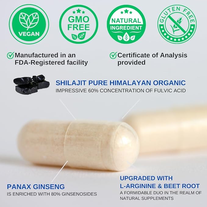 Shilajit Pure Himalayan Capsules (60% Fulvic Acid) - 1500mg with Panax Ginseng, Shilajit Supplement per Serving - High in Trace Minerals *USA Made & Tested* Immune Support