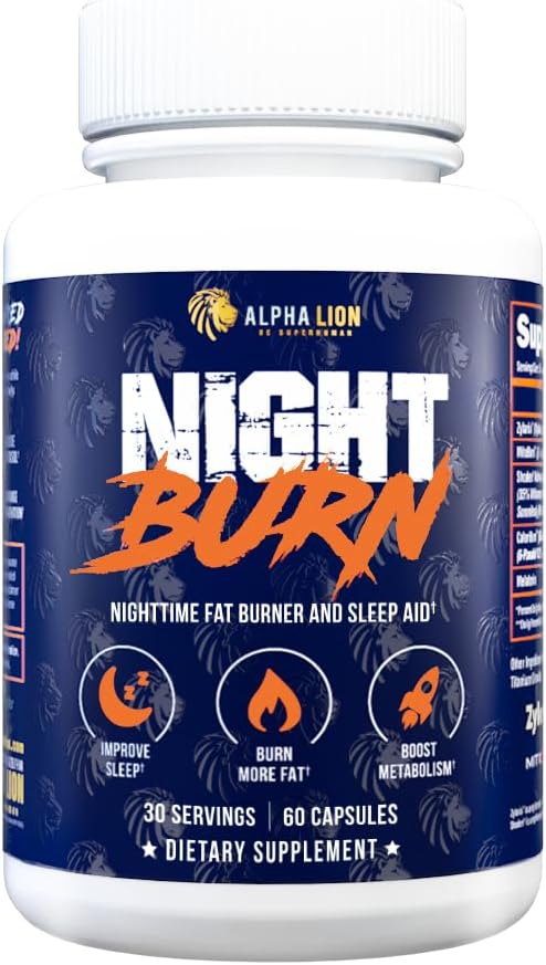 ALPHA LION Night Burn, Metabolism Booster for Weight Loss, Less Body Fat, More Muscle, Promotes Lean Body, Calorie Burning Supplement, Relax Better, Promote Healthy Cortisol (60 Capsules)