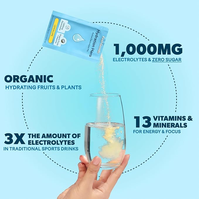 Feel Goods Hydration Hero, 1,000mg Electrolytes Powder, Sugar Free, Magnesium, Organic Coconut Water, L Theanine, Vitamin C & B12, Keto, Vegan, Electrolyte Packets, Passion Fruit Punch, 15 Count