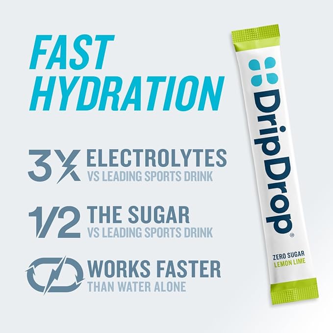 DripDrop Hydration - Zero Sugar Lemon Lime - Electrolyte Drink Mix Single Serve Hydration Powder Packets | Non-GMO, Gluten Free, Vegan | 32 Sticks