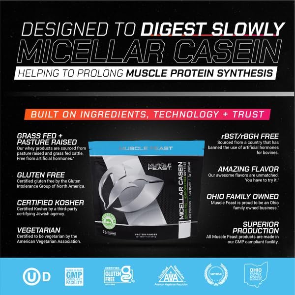 Muscle Feast Micellar Casein Protein, All Natural Pasture Raised Hormone Free Soy Free, Unflavored, 4lb
