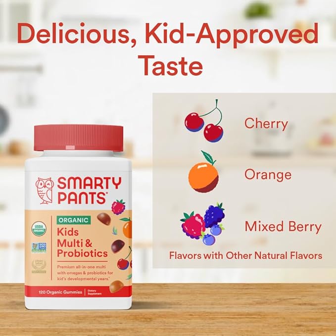 SmartyPants Organic Kids Multivitamin Gummies: Probiotics, Omega 3 (ALA), Vitamin D3, C, Vitamin B12, B6, Vitamin A, K & Zinc for Immune Support, Three Fruit Flavors, 120 Count (30 Day Supply)